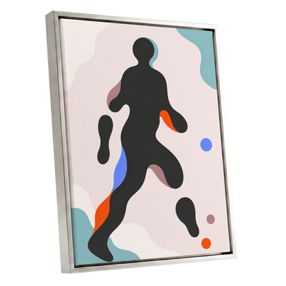 Chromatic Drift, black, pink, blue abstract wall art shown as a silver framed canvas wall art