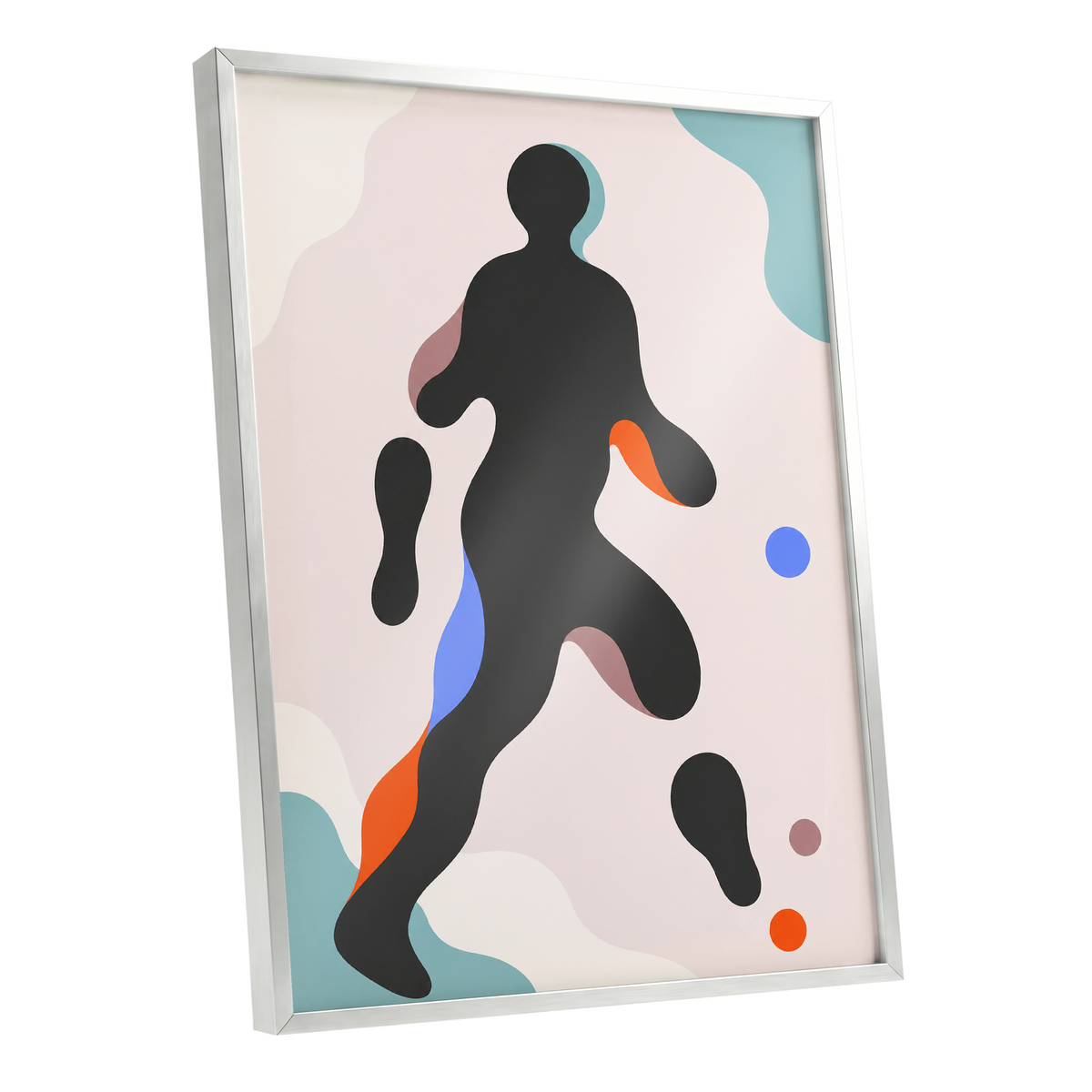 Chromatic Drift, black, pink, blue abstract wall art shown as a silver framed poster wall art print