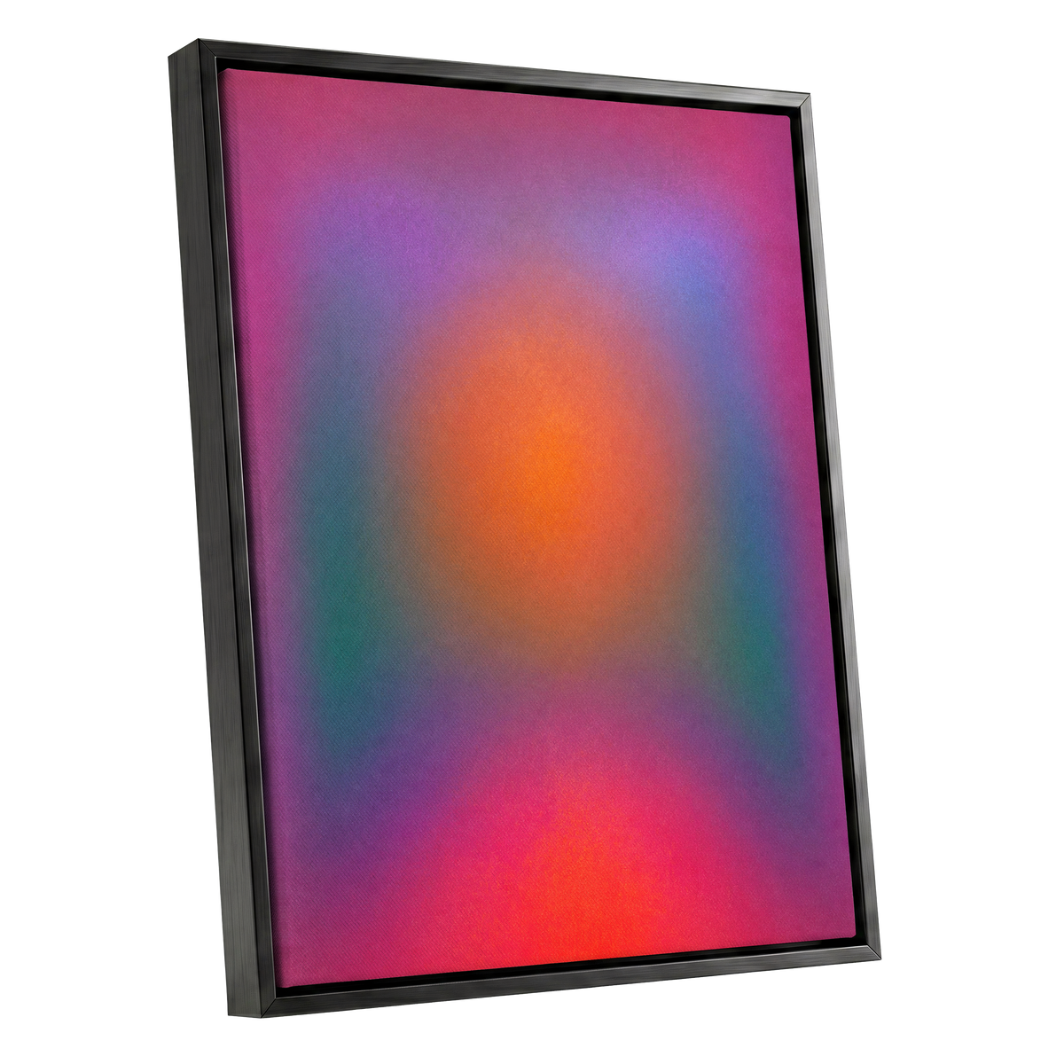 Chromatic Ember, pink, purple, orange abstract wall art shown as a black framed canvas wall art