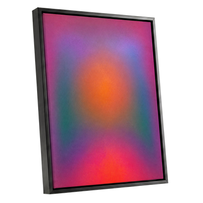 Chromatic Ember, pink, purple, orange abstract wall art shown as a black framed canvas wall art