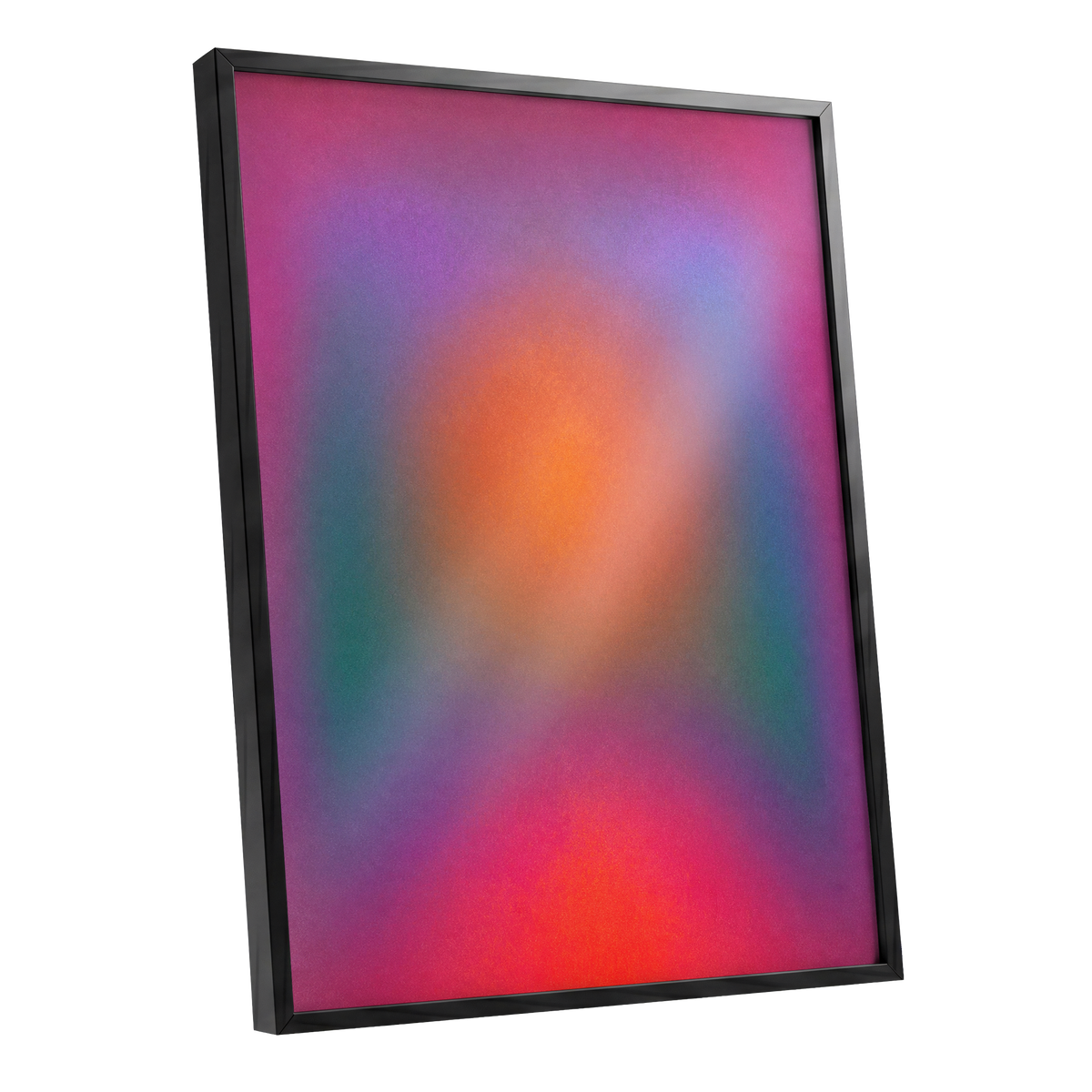 Chromatic Ember, pink, purple, orange abstract wall art shown as a black framed poster wall art print