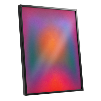 Chromatic Ember, pink, purple, orange abstract wall art shown as a black framed poster wall art print