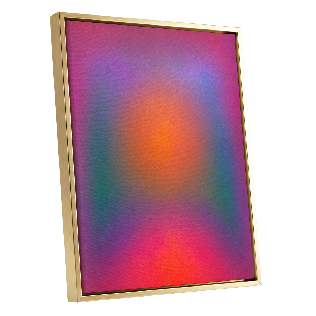 Chromatic Ember, pink, purple, orange abstract wall art shown as a gold framed canvas wall art
