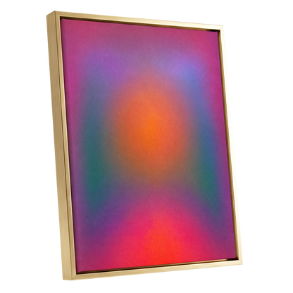 Chromatic Ember, pink, purple, orange abstract wall art shown as a gold framed canvas wall art