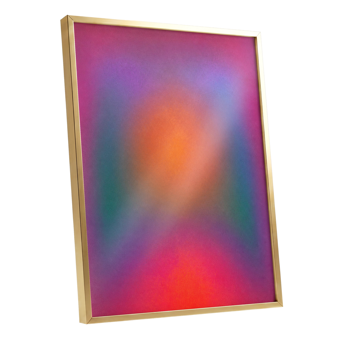 Chromatic Ember, pink, purple, orange abstract wall art shown as a gold framed poster wall art print