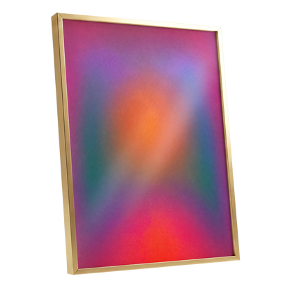 Chromatic Ember, pink, purple, orange abstract wall art shown as a gold framed poster wall art print