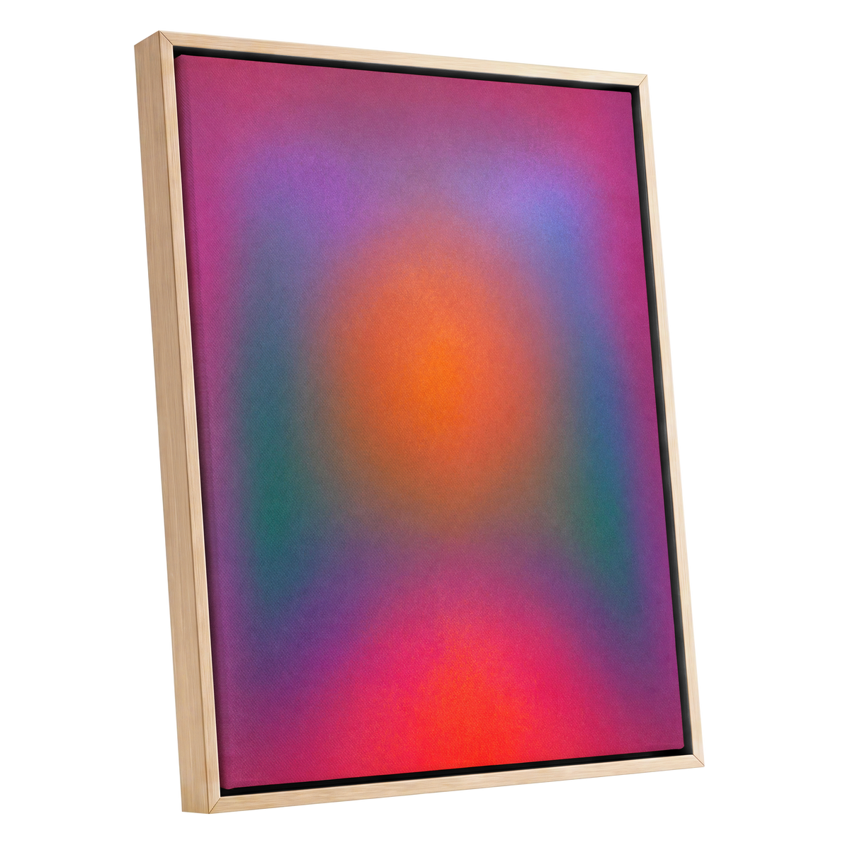 Chromatic Ember, pink, purple, orange abstract wall art shown as a oak framed canvas wall art