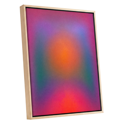 Chromatic Ember, pink, purple, orange abstract wall art shown as a oak framed canvas wall art