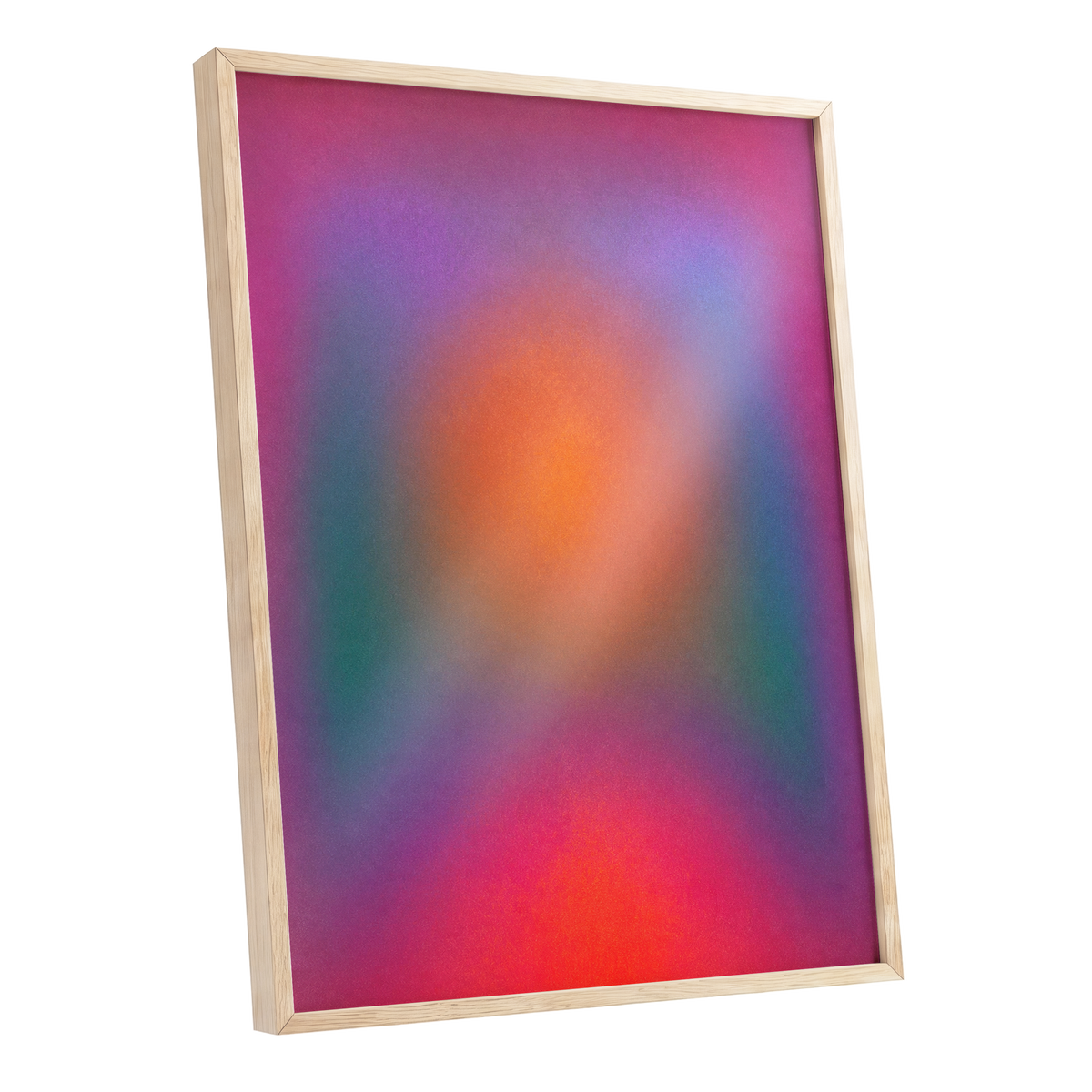 Chromatic Ember, pink, purple, orange abstract wall art shown as a oak framed poster wall art print