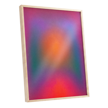 Chromatic Ember, pink, purple, orange abstract wall art shown as a oak framed poster wall art print