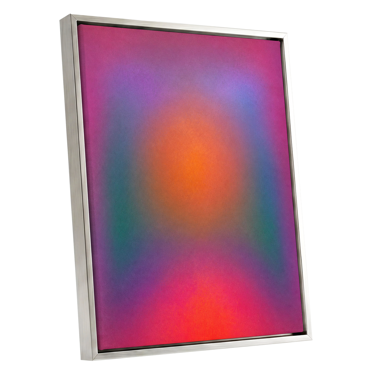 Chromatic Ember, pink, purple, orange abstract wall art shown as a silver framed canvas wall art