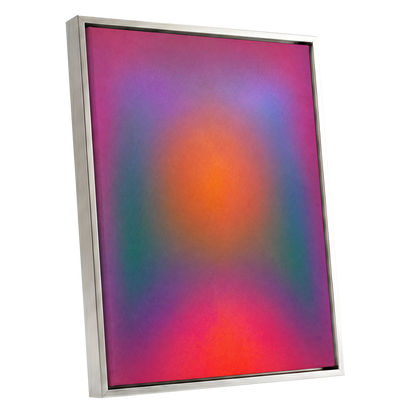 Chromatic Ember, pink, purple, orange abstract wall art shown as a silver framed canvas wall art