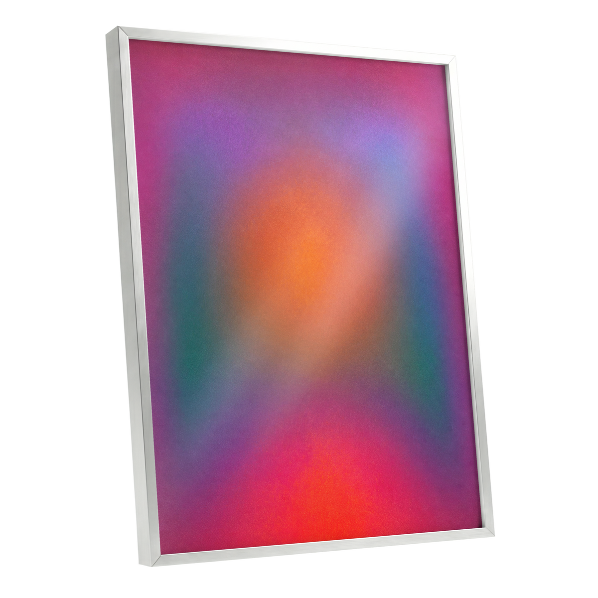 Chromatic Ember, pink, purple, orange abstract wall art shown as a silver framed poster wall art print