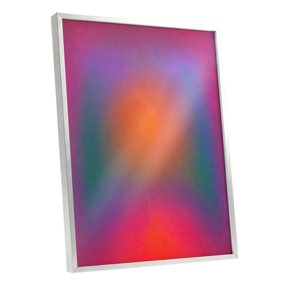 Chromatic Ember, pink, purple, orange abstract wall art shown as a silver framed poster wall art print