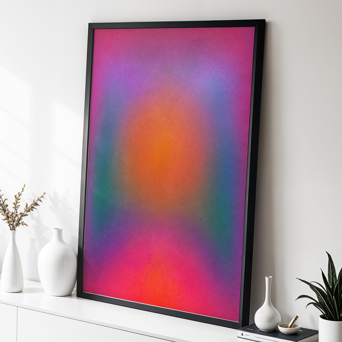 Chromatic Ember, pink, purple, orange abstract wall art displayed in a styled interior, gallery view 2