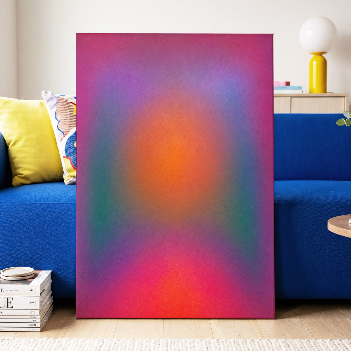 Chromatic Ember, pink, purple, orange abstract wall art displayed in a styled interior, gallery view 3