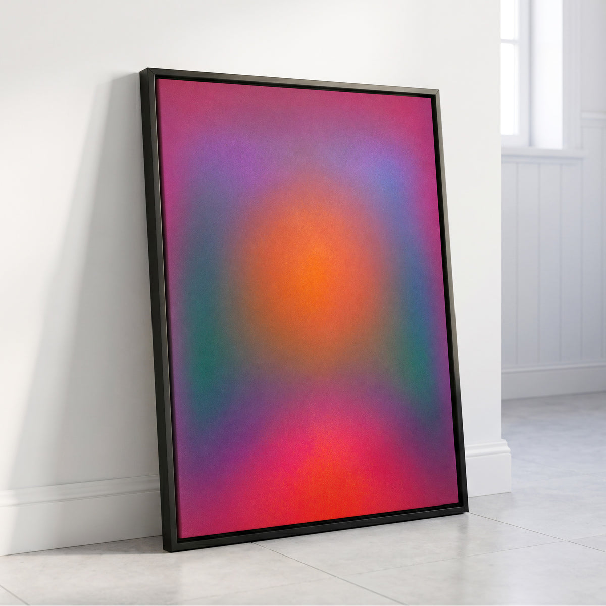 Chromatic Ember, pink, purple, orange abstract wall art displayed in a styled interior, gallery view 4