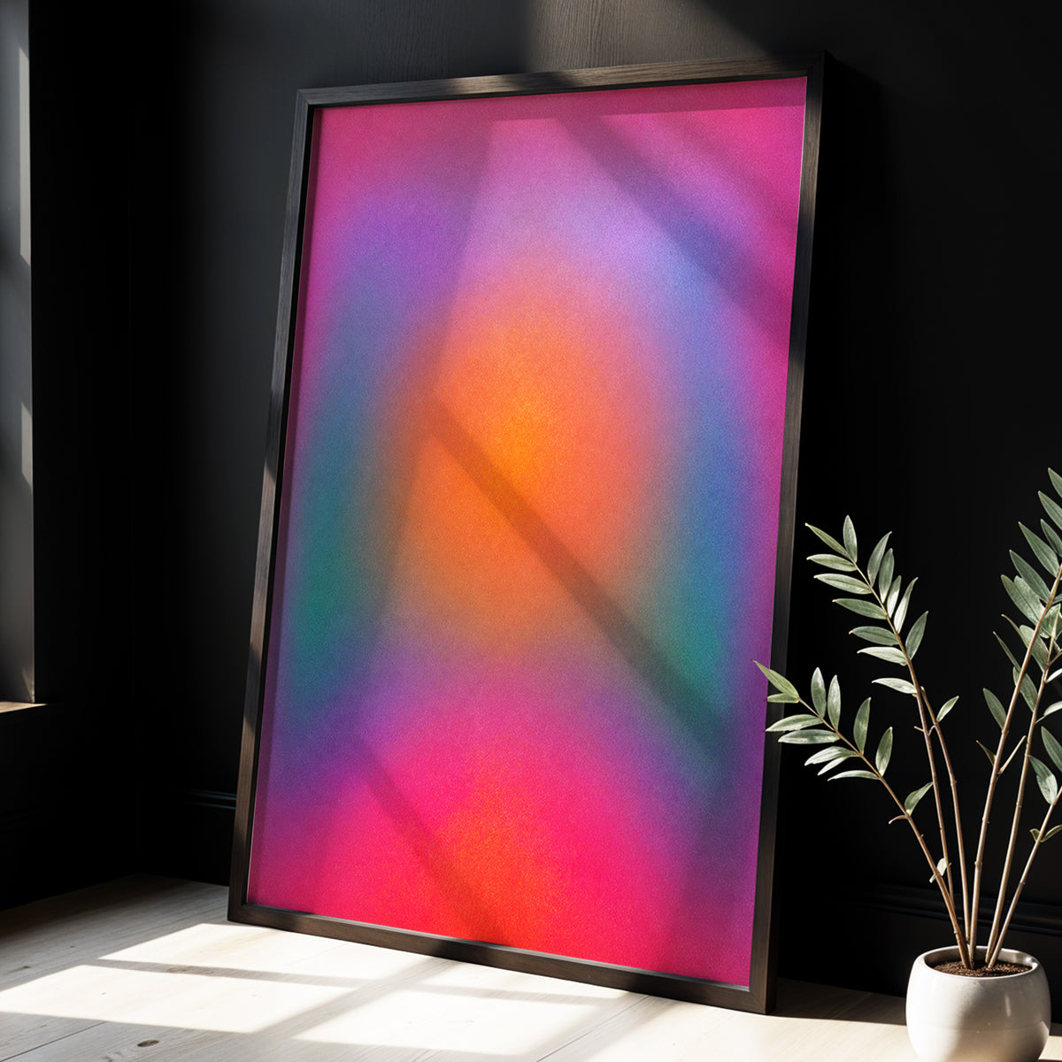 Chromatic Ember, pink, purple, orange abstract wall art displayed in a styled interior, gallery view 6