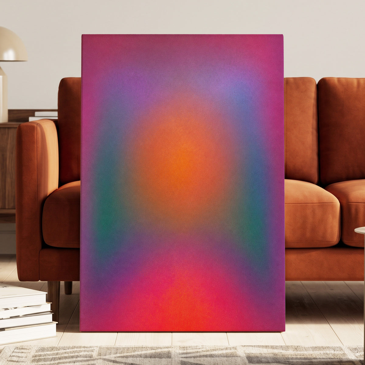 Chromatic Ember, pink, purple, orange abstract wall art displayed in a styled interior, gallery view 7