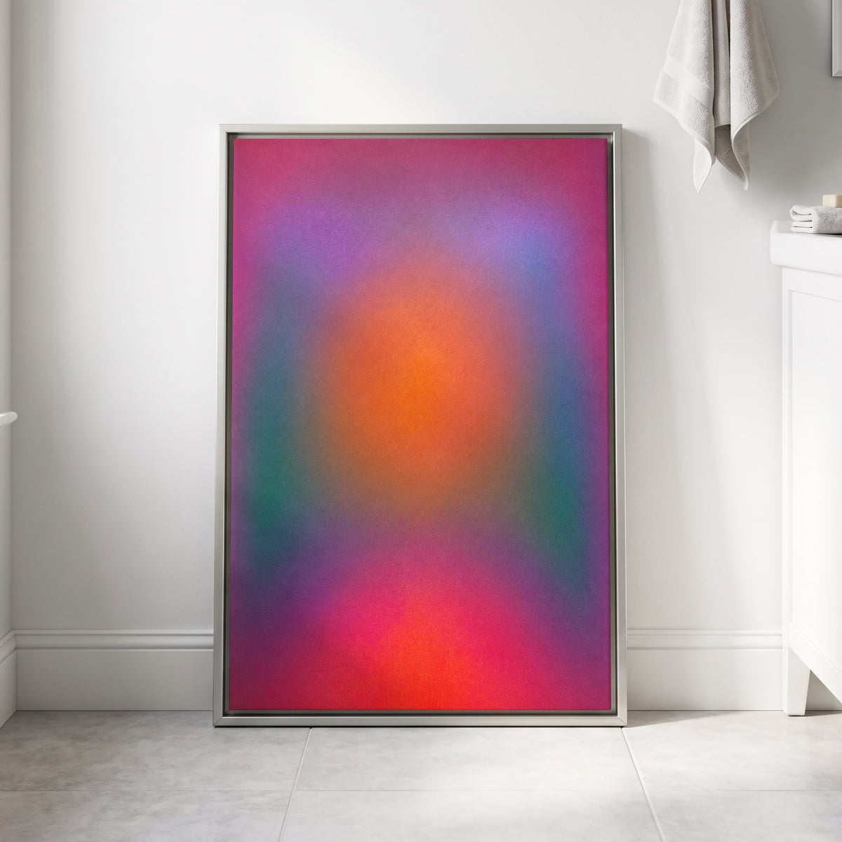Chromatic Ember, pink, purple, orange abstract wall art displayed in a styled interior, gallery view 8