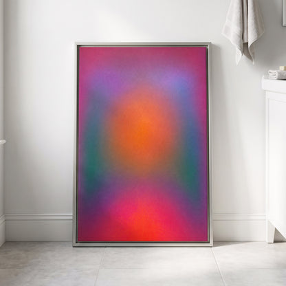 Chromatic Ember, pink, purple, orange abstract wall art displayed in a styled interior, gallery view 8