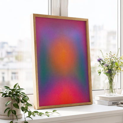 Chromatic Ember, pink, purple, orange abstract wall art displayed in a styled interior, gallery view 9