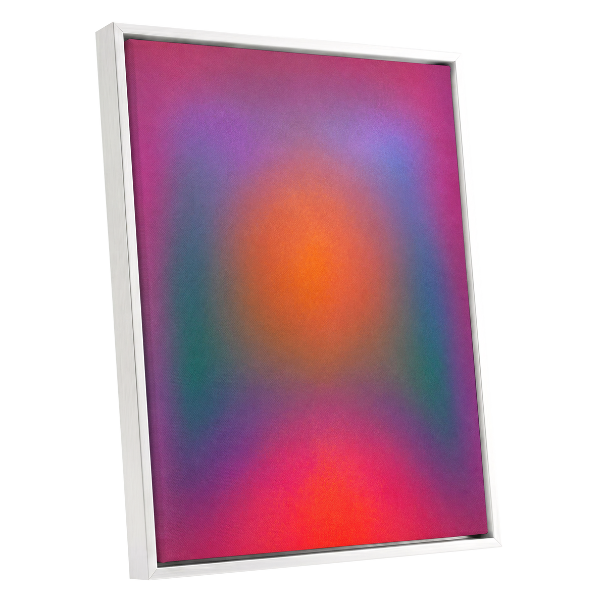 Chromatic Ember, pink, purple, orange abstract wall art shown as a white framed canvas wall art