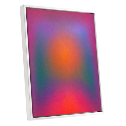 Chromatic Ember, pink, purple, orange abstract wall art shown as a white framed canvas wall art
