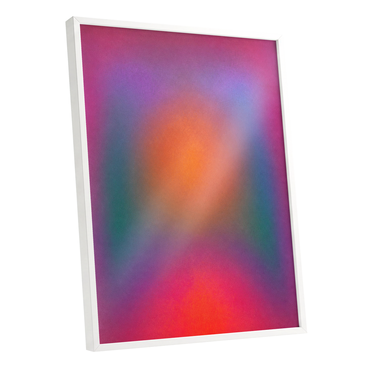 Chromatic Ember, pink, purple, orange abstract wall art shown as a white framed poster wall art print