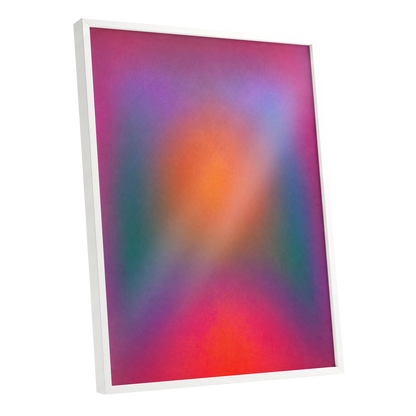 Chromatic Ember, pink, purple, orange abstract wall art shown as a white framed poster wall art print
