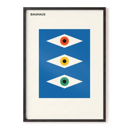 Chromatic Gaze, blue, beige, black minimalist wall art, front artwork view