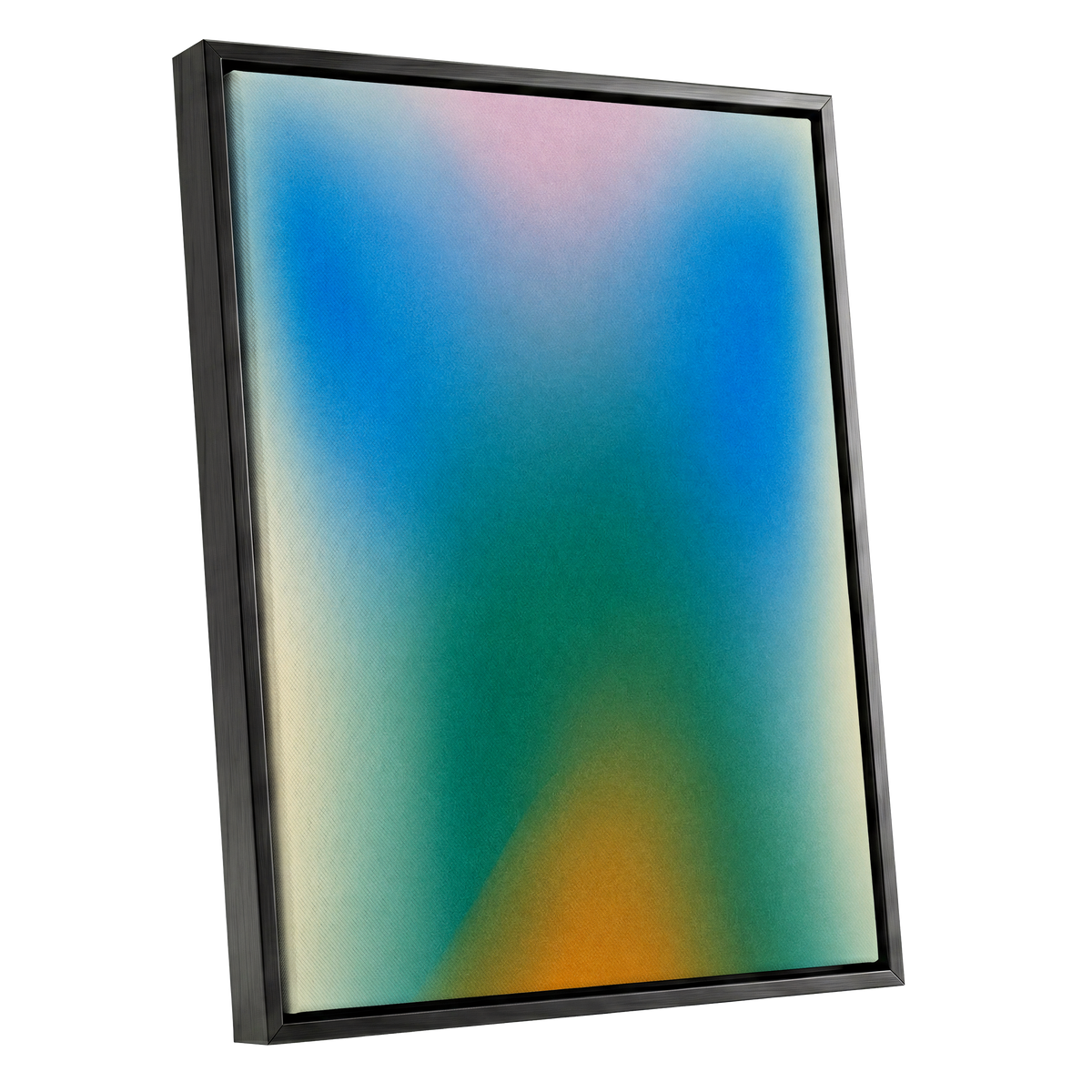 Chromatic Haze, blue, green, pink abstract wall art shown as a black framed canvas wall art