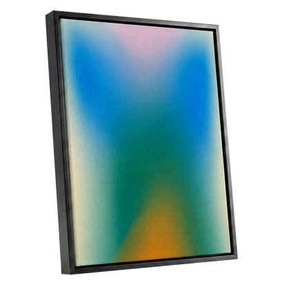 Chromatic Haze, blue, green, pink abstract wall art shown as a black framed canvas wall art
