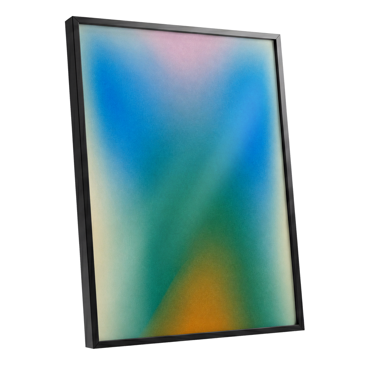 Chromatic Haze, blue, green, pink abstract wall art shown as a black framed poster wall art print