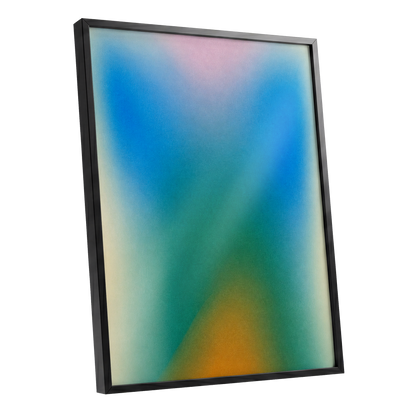 Chromatic Haze, blue, green, pink abstract wall art shown as a black framed poster wall art print