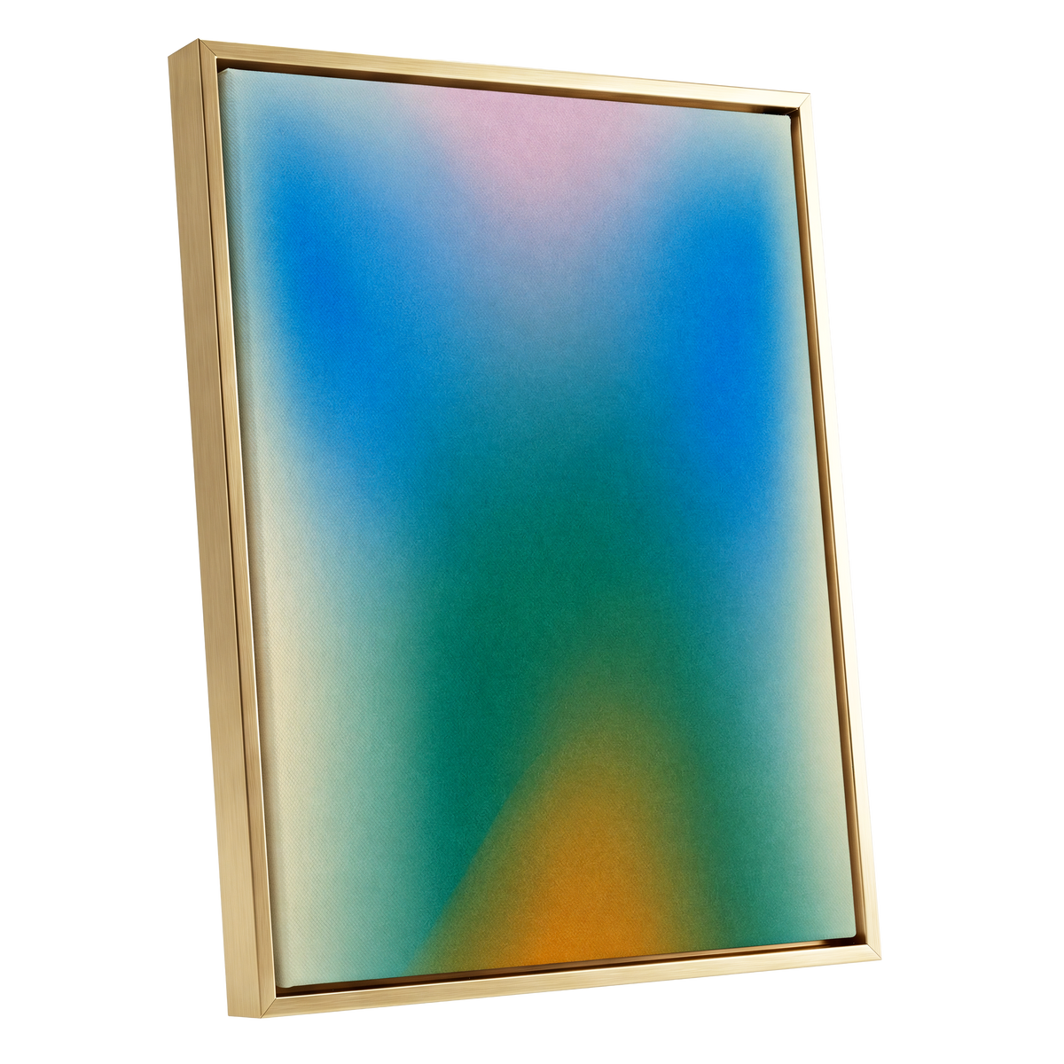 Chromatic Haze, blue, green, pink abstract wall art shown as a gold framed canvas wall art