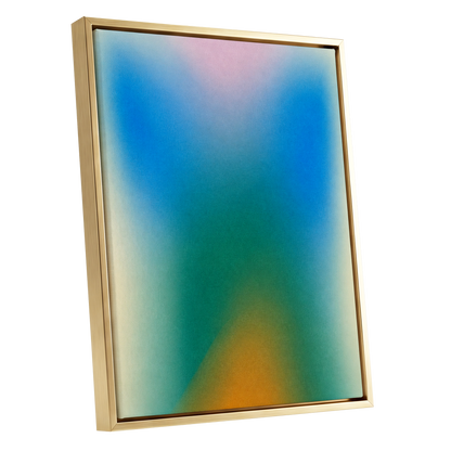 Chromatic Haze, blue, green, pink abstract wall art shown as a gold framed canvas wall art