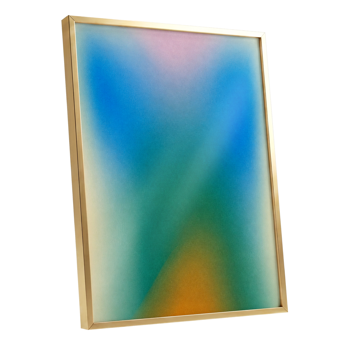 Chromatic Haze, blue, green, pink abstract wall art shown as a gold framed poster wall art print