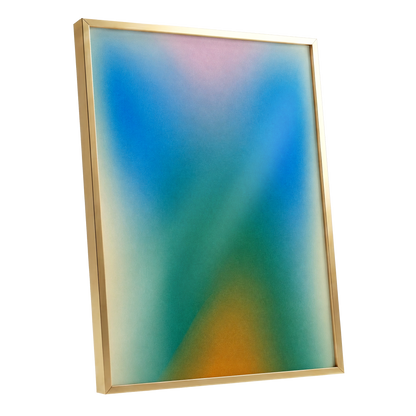 Chromatic Haze, blue, green, pink abstract wall art shown as a gold framed poster wall art print