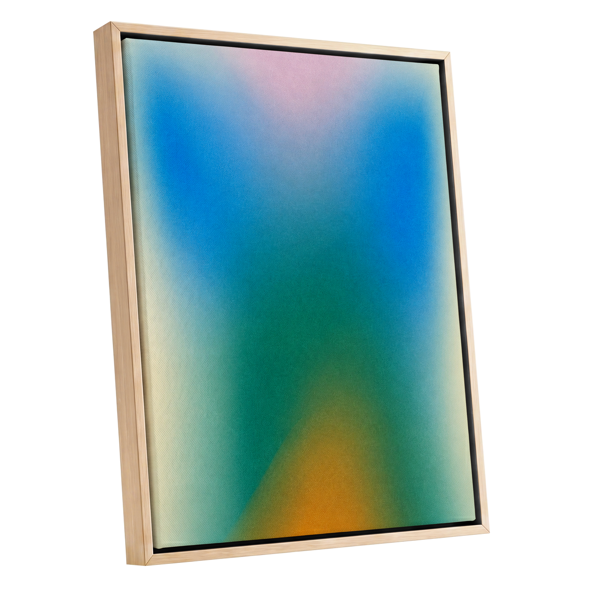 Chromatic Haze, blue, green, pink abstract wall art shown as a oak framed canvas wall art