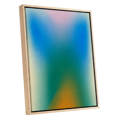 Chromatic Haze, blue, green, pink abstract wall art shown as a oak framed canvas wall art