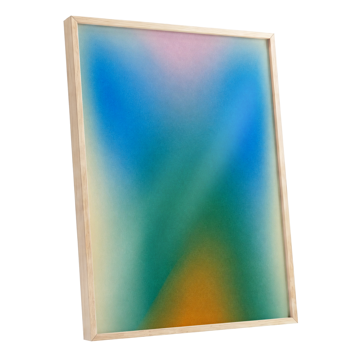 Chromatic Haze, blue, green, pink abstract wall art shown as a oak framed poster wall art print