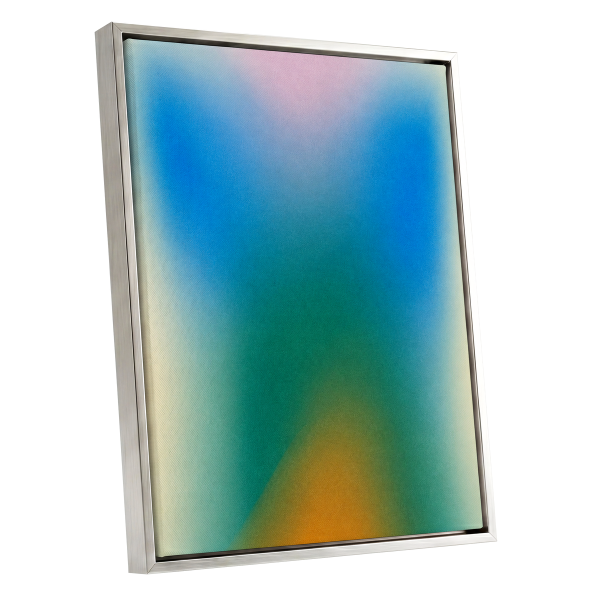 Chromatic Haze, blue, green, pink abstract wall art shown as a silver framed canvas wall art