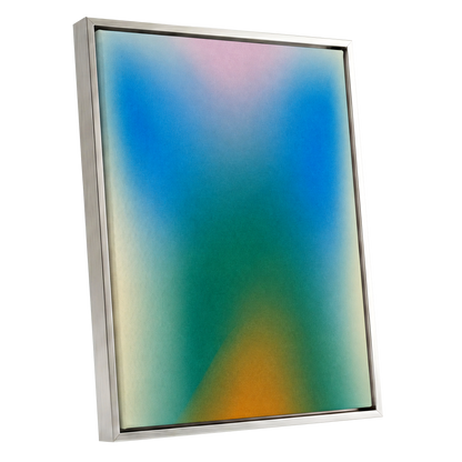 Chromatic Haze, blue, green, pink abstract wall art shown as a silver framed canvas wall art