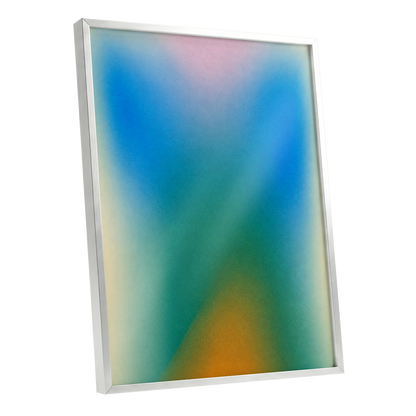 Chromatic Haze, blue, green, pink abstract wall art shown as a silver framed poster wall art print