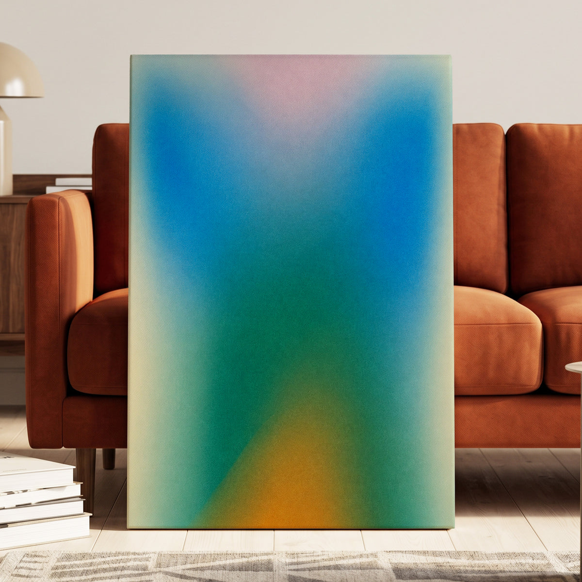 Chromatic Haze, blue, green, pink abstract wall art displayed in a styled interior, gallery view 3