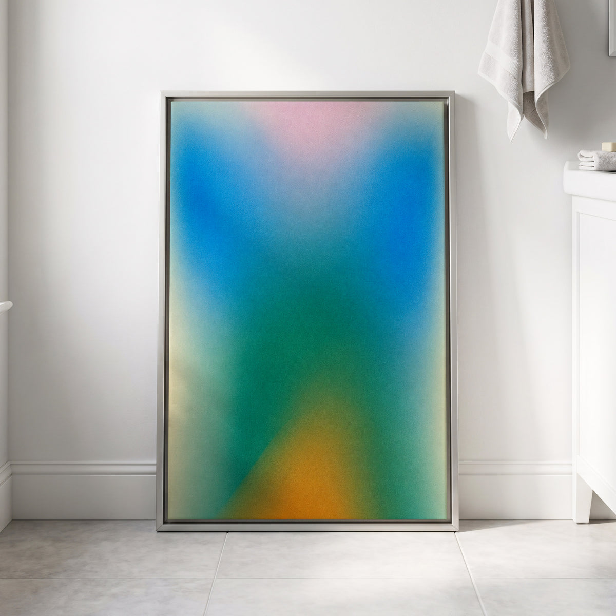 Chromatic Haze, blue, green, pink abstract wall art displayed in a styled interior, gallery view 4