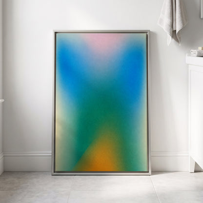Chromatic Haze, blue, green, pink abstract wall art displayed in a styled interior, gallery view 4