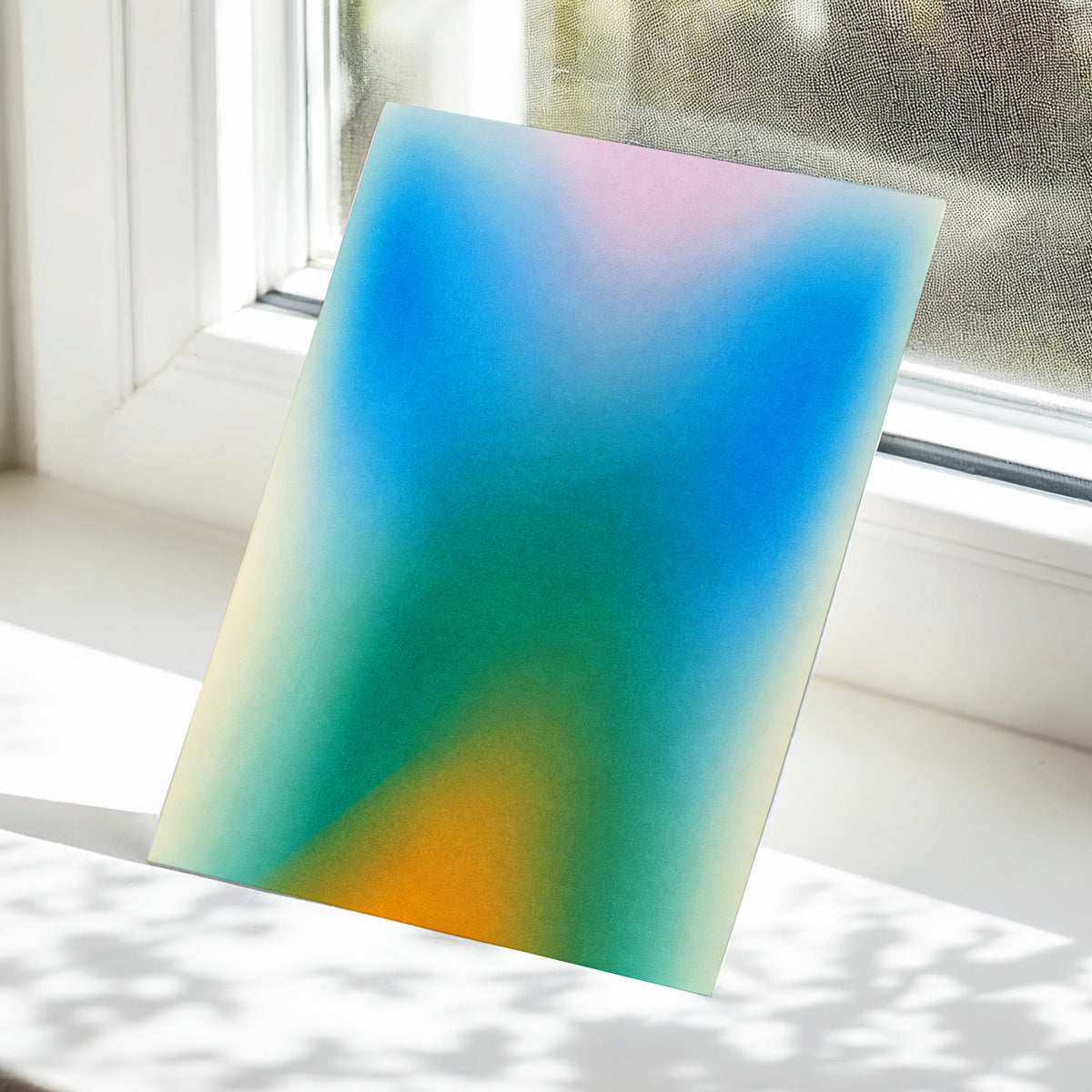 Chromatic Haze, blue, green, pink abstract wall art displayed in a styled interior, gallery view 5