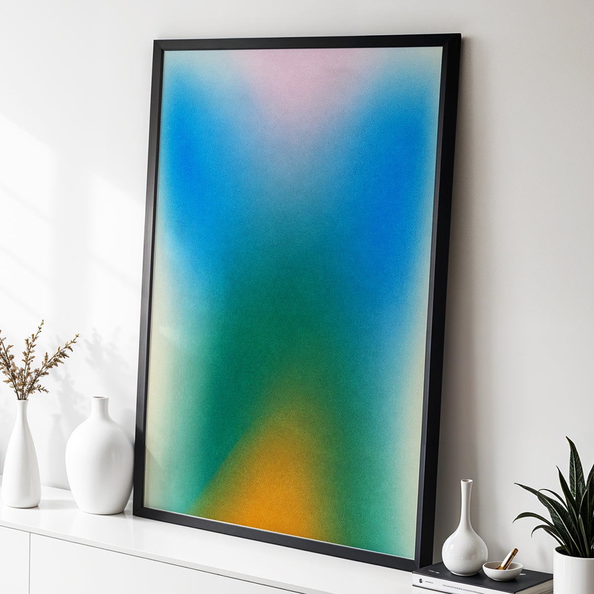Chromatic Haze, blue, green, pink abstract wall art displayed in a styled interior, gallery view 6